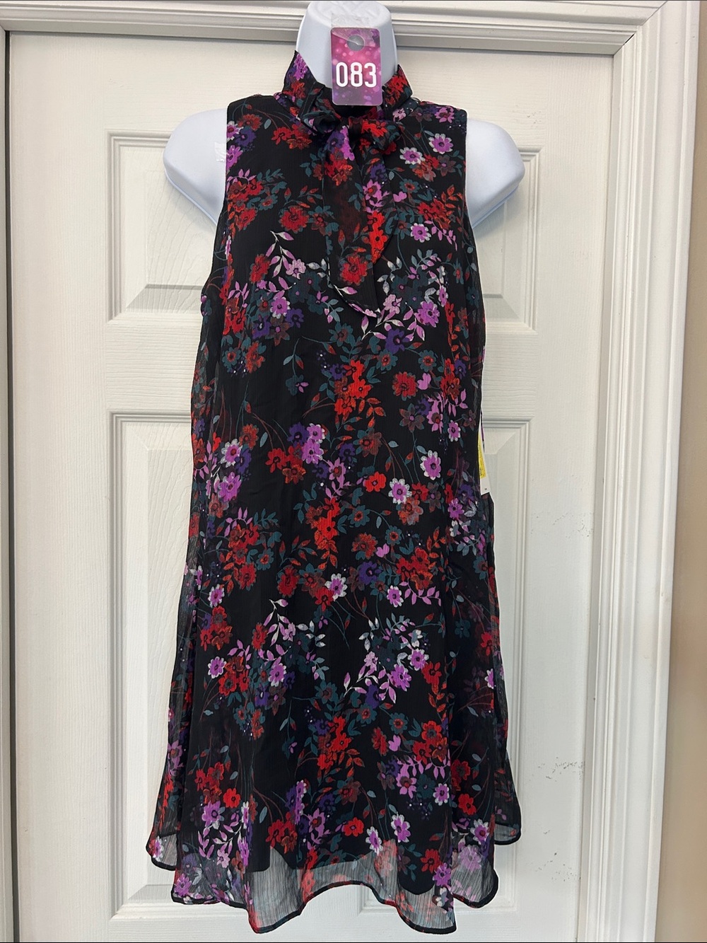 Calvin Klein Black Floral Tie-Neck A-Line Dress
